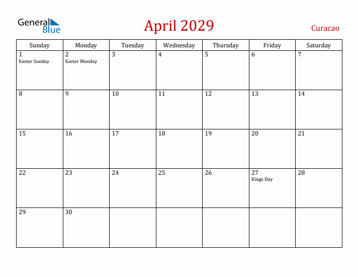 Curacao April 2029 Calendar - Sunday Start