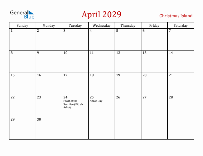Christmas Island April 2029 Calendar - Sunday Start