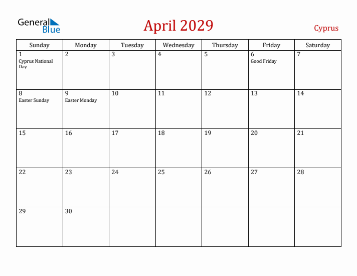 Cyprus April 2029 Calendar - Sunday Start