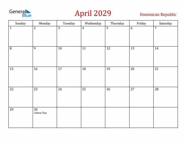 Dominican Republic April 2029 Calendar - Sunday Start