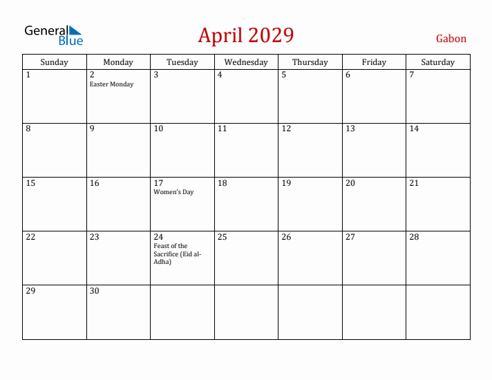 Gabon April 2029 Calendar - Sunday Start