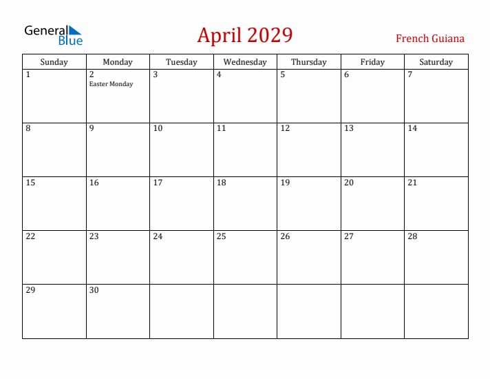 French Guiana April 2029 Calendar - Sunday Start