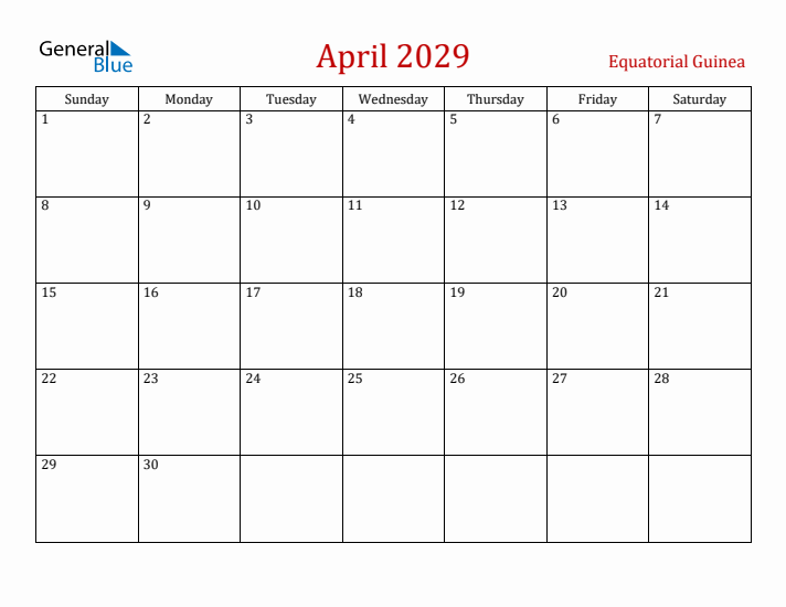 Equatorial Guinea April 2029 Calendar - Sunday Start