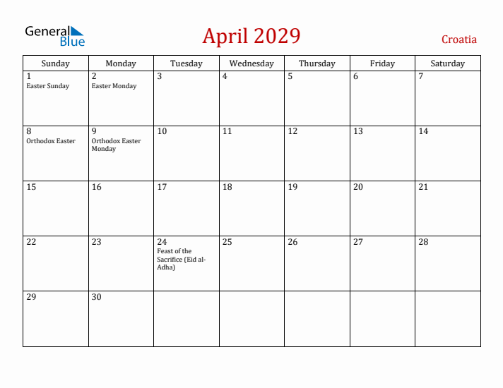 Croatia April 2029 Calendar - Sunday Start
