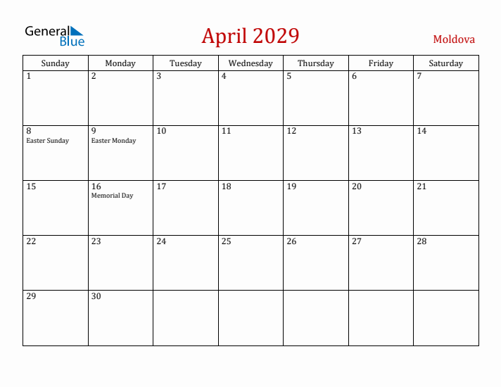 Moldova April 2029 Calendar - Sunday Start