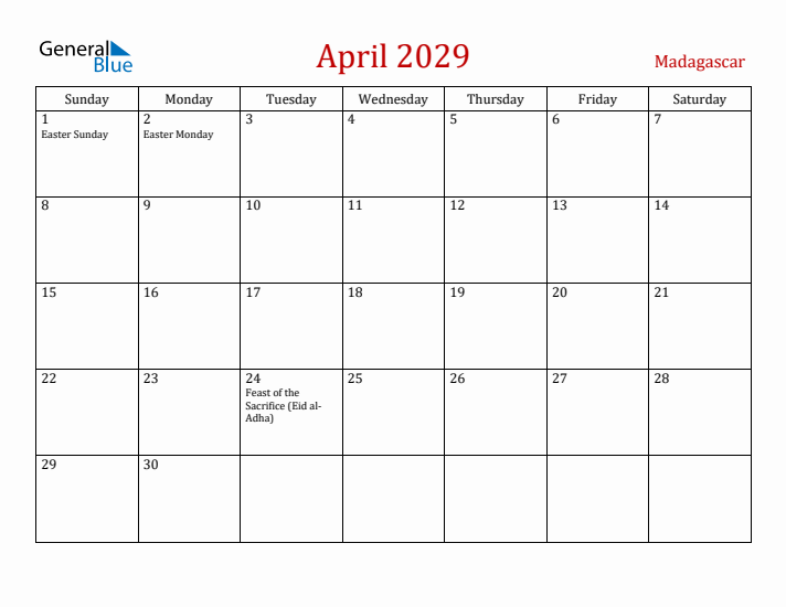Madagascar April 2029 Calendar - Sunday Start