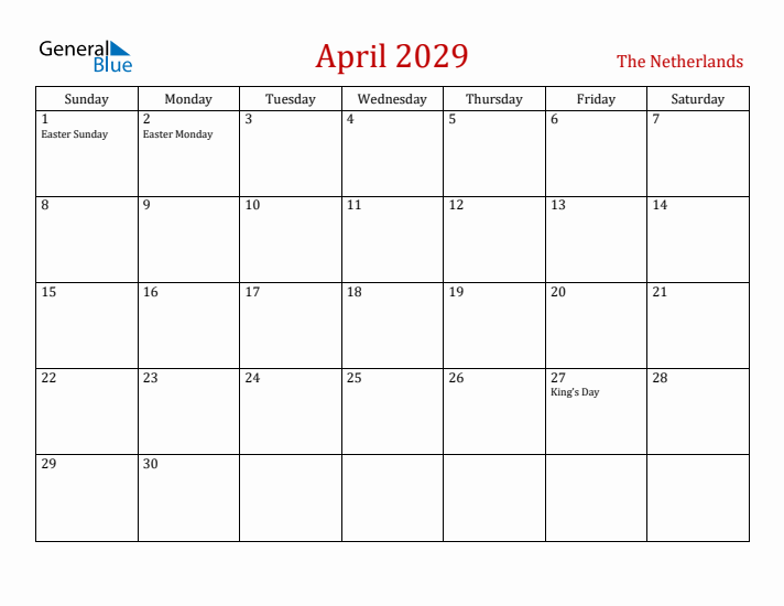 The Netherlands April 2029 Calendar - Sunday Start