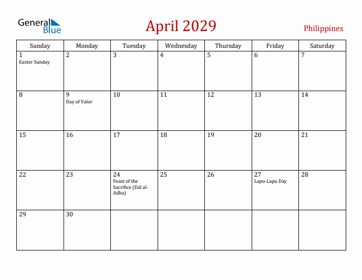 Philippines April 2029 Calendar - Sunday Start