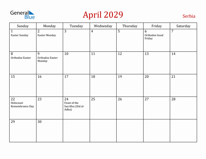 Serbia April 2029 Calendar - Sunday Start