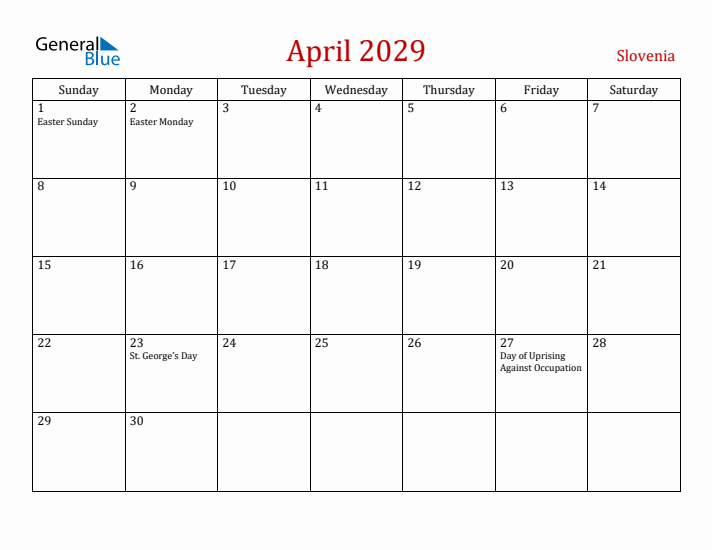 Slovenia April 2029 Calendar - Sunday Start