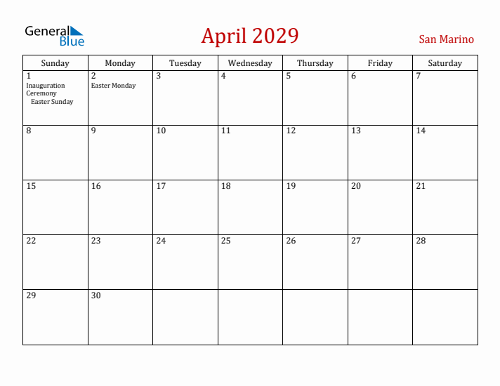 San Marino April 2029 Calendar - Sunday Start