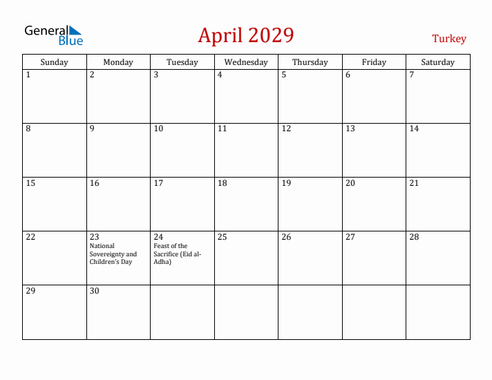Turkey April 2029 Calendar - Sunday Start