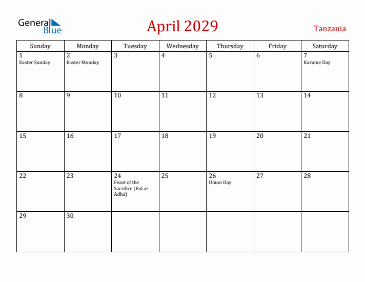 Tanzania April 2029 Calendar - Sunday Start