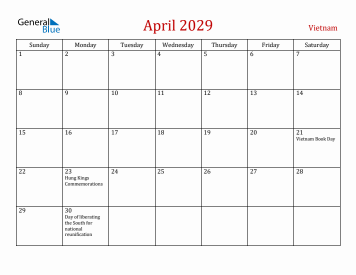 Vietnam April 2029 Calendar - Sunday Start