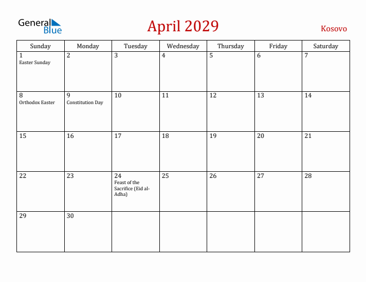 Kosovo April 2029 Calendar - Sunday Start