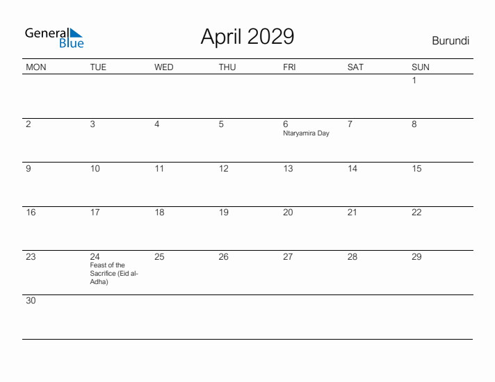 Printable April 2029 Calendar for Burundi
