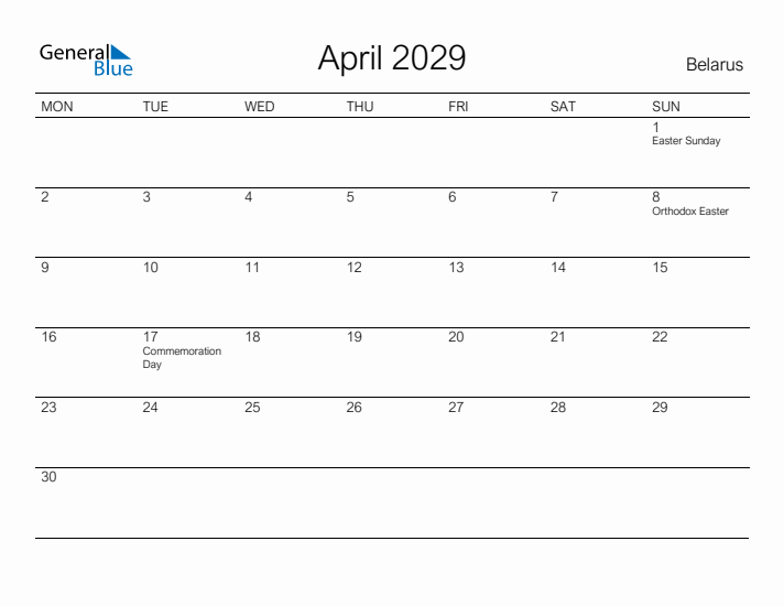 Printable April 2029 Calendar for Belarus
