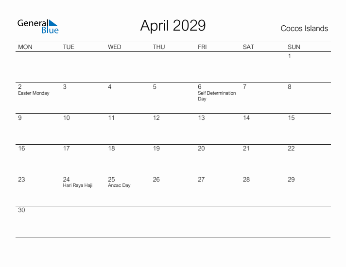 Printable April 2029 Calendar for Cocos Islands