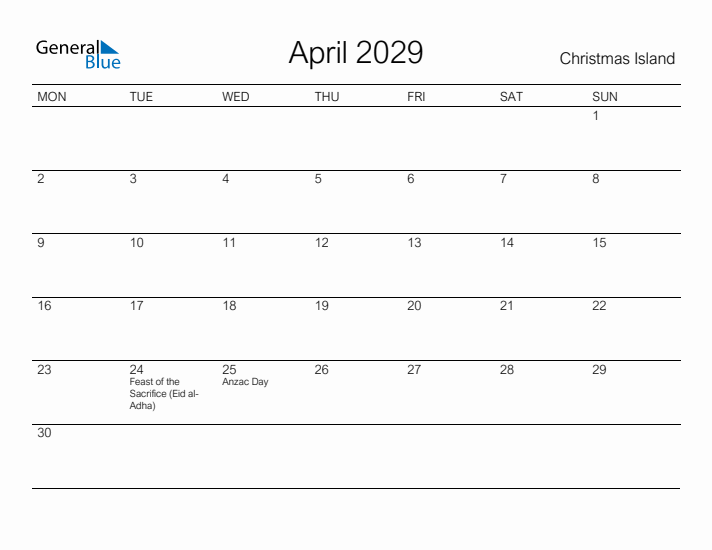 Printable April 2029 Calendar for Christmas Island