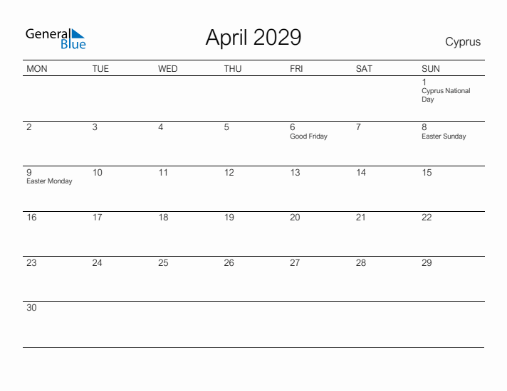 Printable April 2029 Calendar for Cyprus