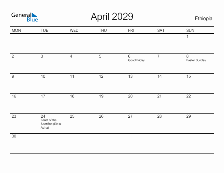 Printable April 2029 Calendar for Ethiopia