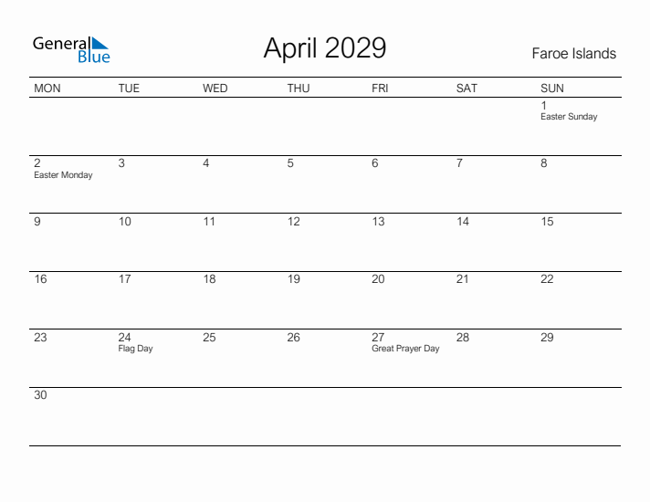 Printable April 2029 Calendar for Faroe Islands