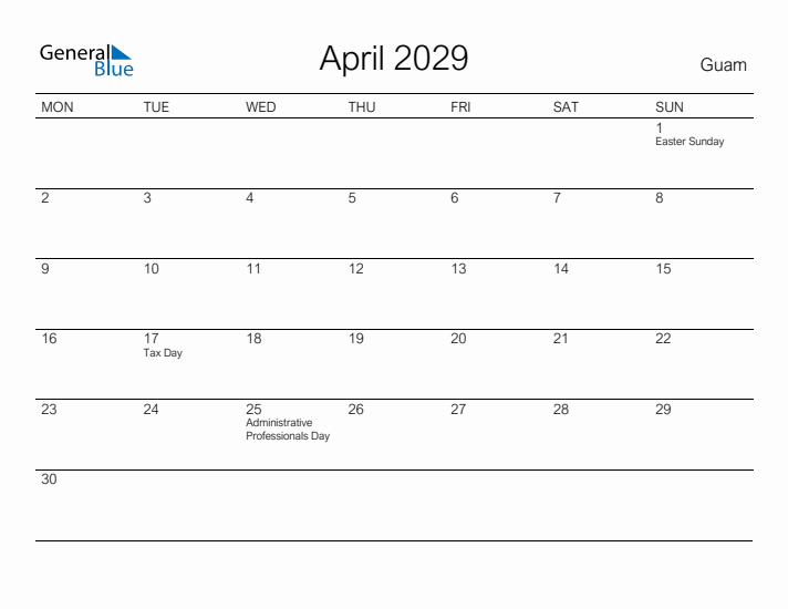 Printable April 2029 Calendar for Guam