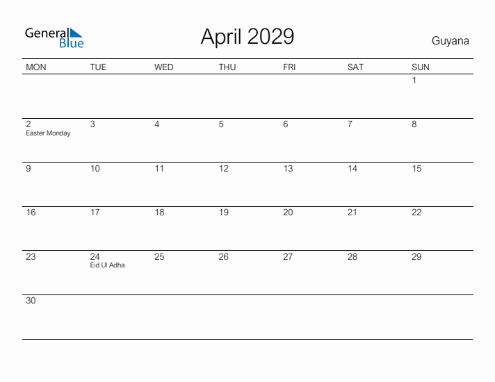 Printable April 2029 Calendar for Guyana