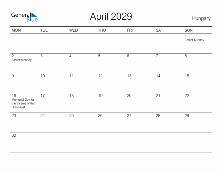 Printable April 2029 Calendar for Hungary