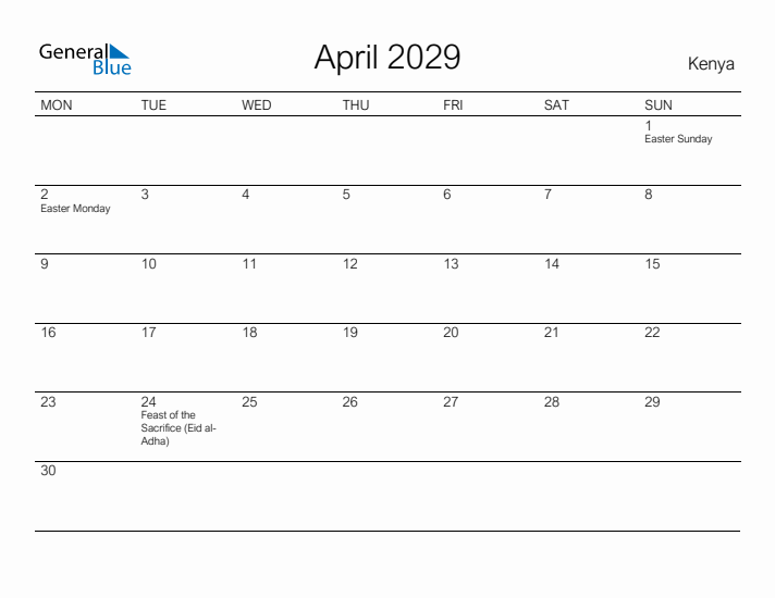 Printable April 2029 Calendar for Kenya