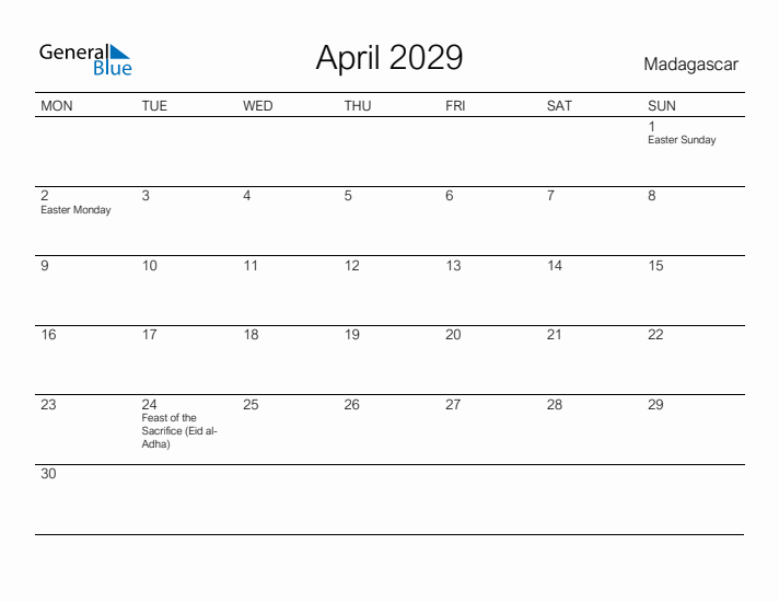 Printable April 2029 Calendar for Madagascar