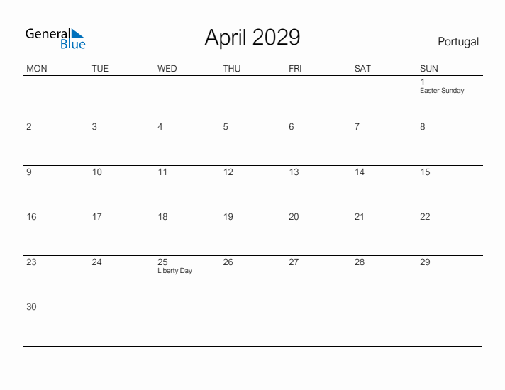 Printable April 2029 Calendar for Portugal