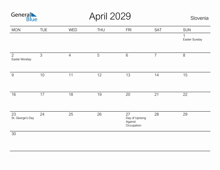 Printable April 2029 Calendar for Slovenia