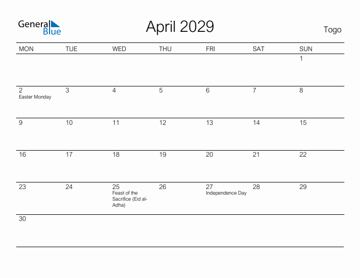 Printable April 2029 Calendar for Togo