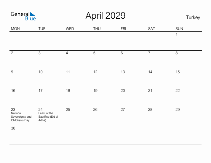 Printable April 2029 Calendar for Turkey