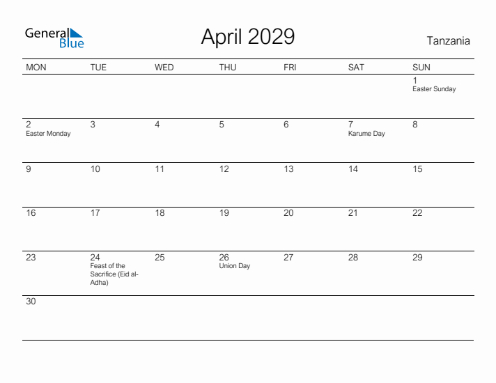 Printable April 2029 Calendar for Tanzania