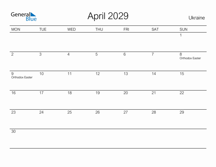 Printable April 2029 Calendar for Ukraine