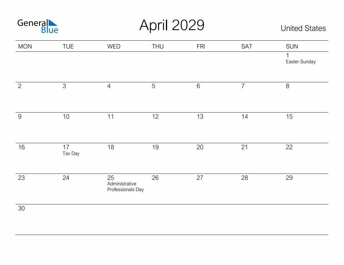 Printable April 2029 Monthly Calendar with Holidays for United States