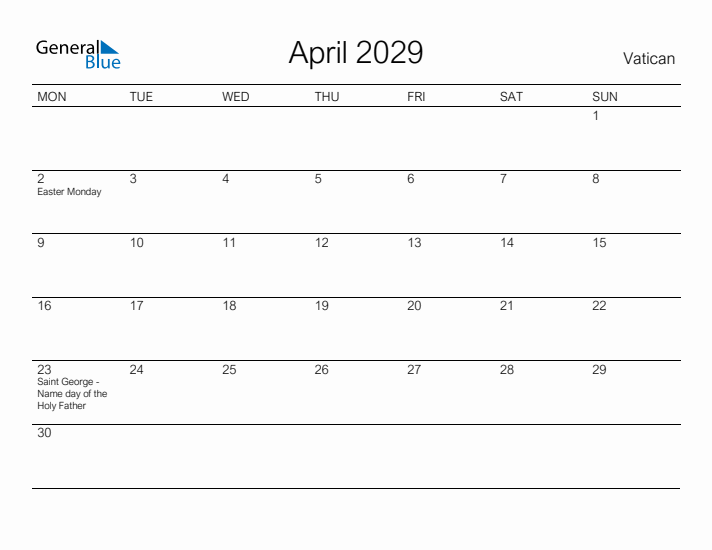 Printable April 2029 Calendar for Vatican