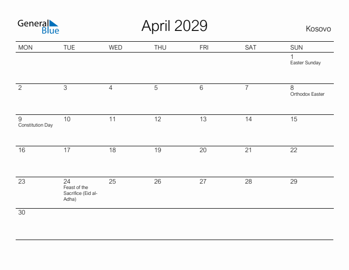 Printable April 2029 Calendar for Kosovo