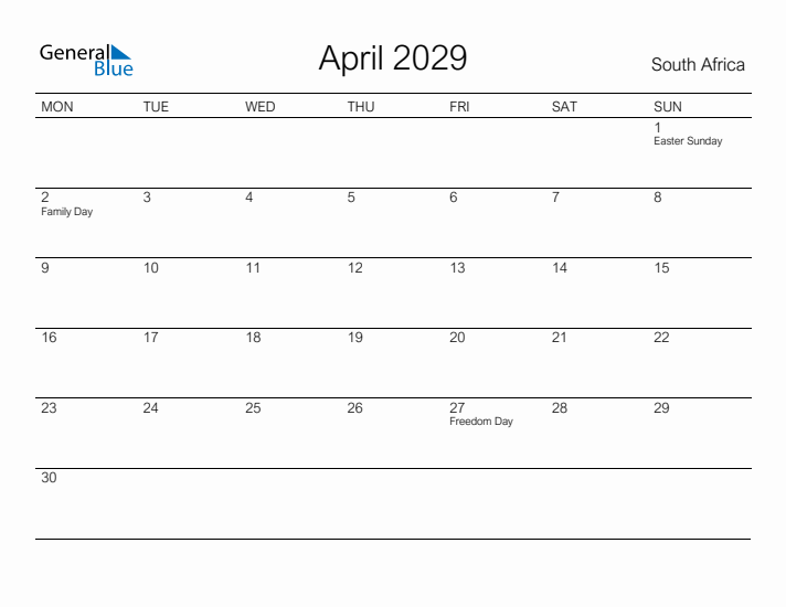 Printable April 2029 Calendar for South Africa