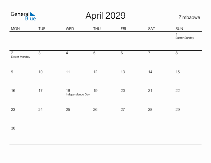 Printable April 2029 Calendar for Zimbabwe