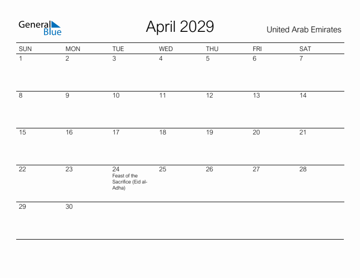 Printable April 2029 Calendar for United Arab Emirates