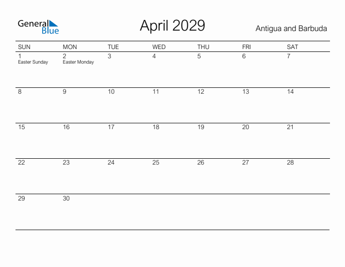 Printable April 2029 Calendar for Antigua and Barbuda