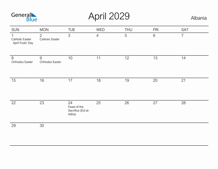 Printable April 2029 Calendar for Albania