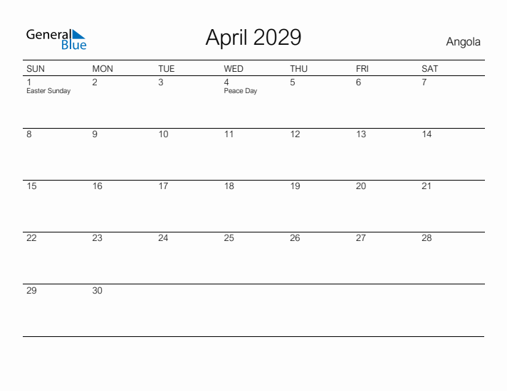 Printable April 2029 Calendar for Angola