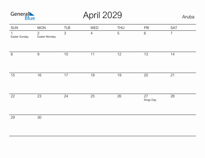 Printable April 2029 Calendar for Aruba