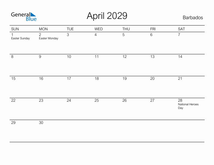 Printable April 2029 Calendar for Barbados