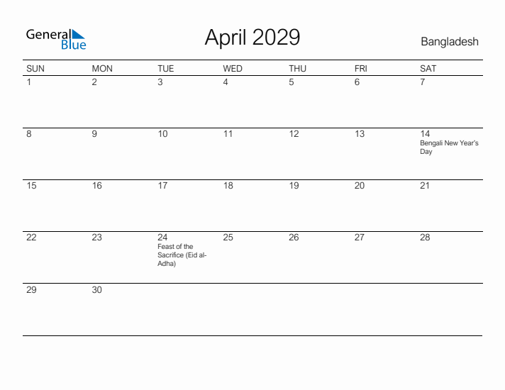 Printable April 2029 Calendar for Bangladesh