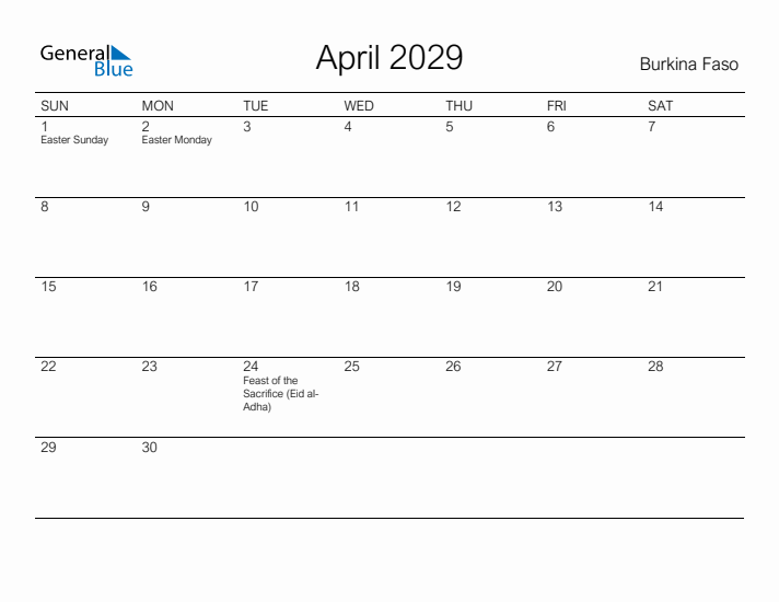 Printable April 2029 Calendar for Burkina Faso